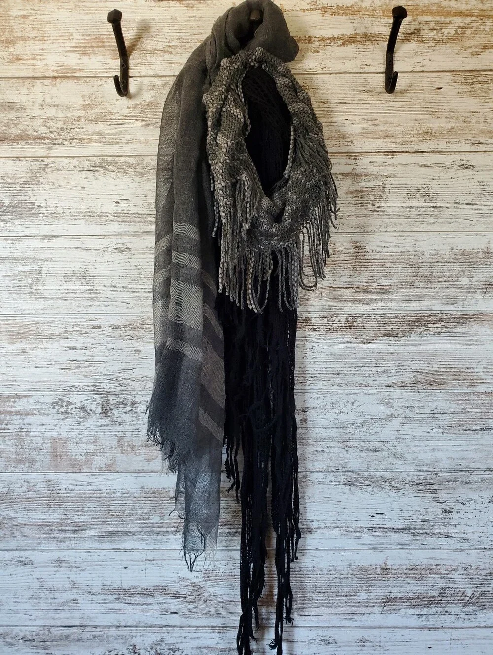 3pc Scarf Set Black Crochet Triangle - Striped Linen Rectangle - Fringe Cowl
